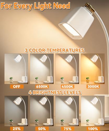 LED Desk Lamps for Home Office with Charger, Organizer, Desk Light Table Lamp for Bedroom, Study, Reading, Work, Nail, Gooseneck Small Desk Lamp for Artist, Puzzle, Drawing, Eye-Caring LED Office Lamp