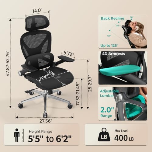CAPOT Ergonomic Office Chair 400lbs Mesh Seat, High Back Adjustable Lumbar, 90/110/125°Backrest Lock, Flip-up Armrests, 3D Headrest, Computer Desk Gaming Chair with PU Wheels - Black