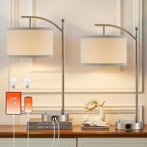 Table Lamp Set of 2, 23.5" Bedside Lamps with USB C+A Ports, Silver