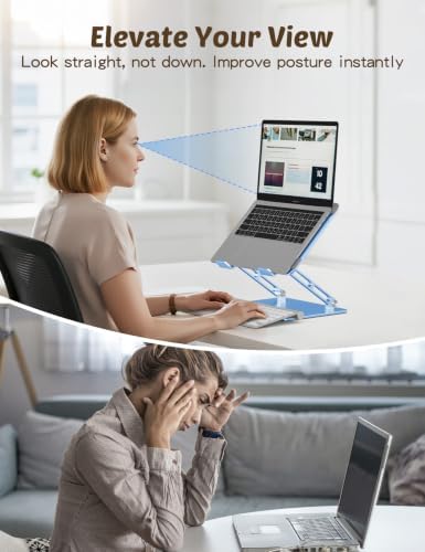 Aoviho Laptop Stand for Desk, Adjustable Foldable Aluminum Laptop Riser for 10–17.3 Inch Laptops – Sturdy Ergonomic Computer Holder, Supports Up to 22 lb, Cooling Vent, Sky Blue