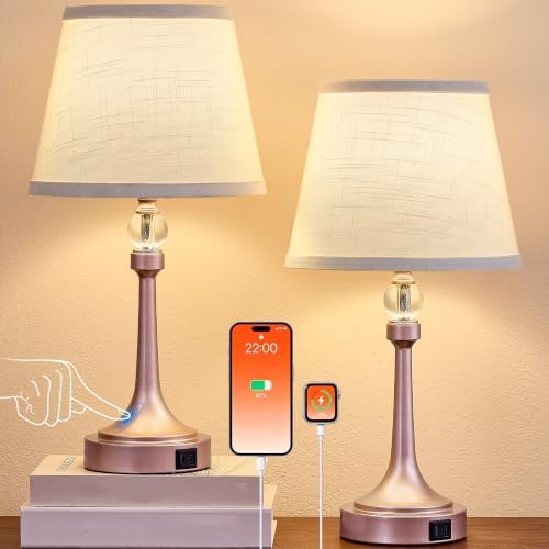 Touch Table Lamp Set of 2 with USB C+A Ports-19.7'' Rose Gold