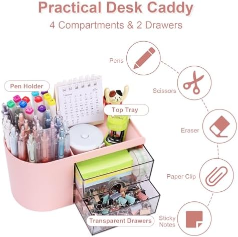 Meiikun Desk Organizer with Drawer, Pen Organizer for Desk, Small Pencil Holder, Desk Organizers and Accessories for Office Home Storage (2 Drawers+4 Compartments, Pink)
