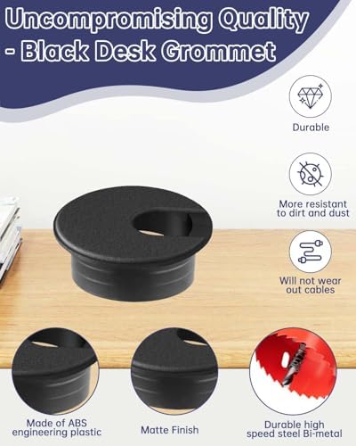 Desk Grommet & Cable Grommet 1-3/8 Inch (10 Pack) - Black Cord Hole Cover with Hole Cutter - Cable Management Kit for Office Desk, TV Stand, Workstation - Hide Wires Behind Wall, Cable Pass Through
