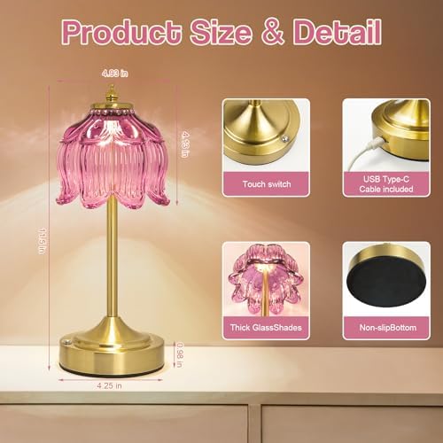 Cordless Table Lamp, Rechargeable Purple Glass Lotus Flower Lamp