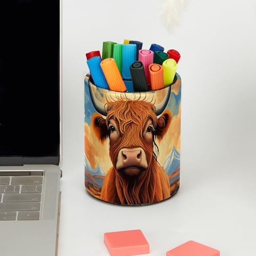 Highland Cow Pen Holder Pencil Organizer Cute Pencil Cup Desk Decor Makeup Brush Holder PU Multifunctional Office Supplies for Home Classroom School