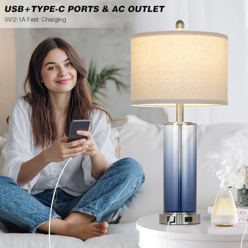 Ruzectt 26" Glass Table Lamp Single, 3-Way Dimmable Touch Control Living Room Lamp with USB C+A Ports & AC Outlet, Coastal Bedside Lamps, Bedroom Lamps for Nightstand Side End Table Desk, Blue-1PK