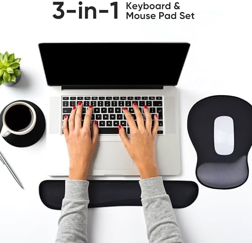 Wrist Rest Support for Mouse Pad Keyboard Set Circle Coaster Gaming Mouse Pad Ergonomic Gel Memory Foam Set for Computer, Laptop, Office, Pain Relief, Comfortably Typing Black KM-33