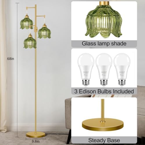 Vintage Floor Lamps for Living Room 3 Light Glass Floor Lamp with 3 Color Temperatures, Dimmable Green Floor Lamp Gold Mid Century Modern Standing Lamp Tall Tree Flower Floor Lamp for Bedroom Corner