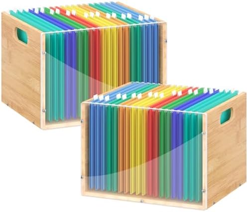 Sbanmao 2 Pack Hanging File Organizer, Clear Acrylic File Box Organizer, Bamboo Filing Box File Crate Storage Boxes, Portable Filing Organizer with Handle for Letter Size