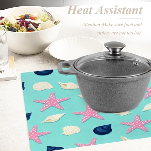 Shrahala Coastal Nautical Set of 8 12 X 18 Inch Linen Placemats, Repeat Pattern Seashells Red Burlap Table Mat Washable Double Layered Heat Insulation for Indoor/Outdoor