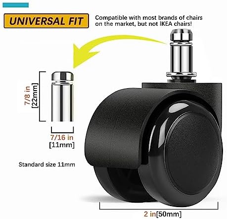 2" Office Chair Wheels Heavy Duty Replacement, Mute Rubber Rotating Desk Chair Caster Wheels, Computer Desk Chair Wheel Safe Mute Rotating Rubber Wheels for Wood Floors and Carpet, Universal Standard