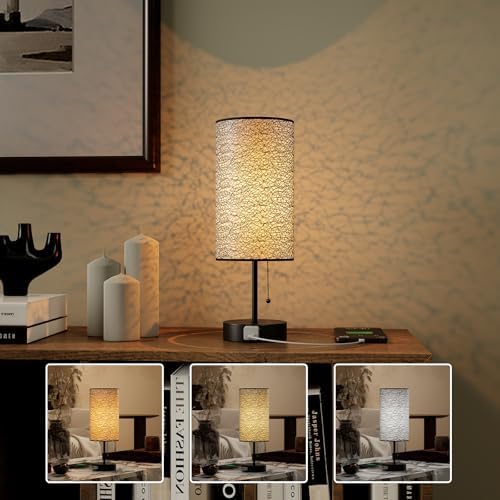 YIDPU Table Lamp for Bedroom,Nightstand Lamp for Bedside with AC Outlets,Adjustable 3color LED Light Desk Lamp for Home Decor,Included Bulb and Lamp Shade(Black-OnlyAC, 1PCS)