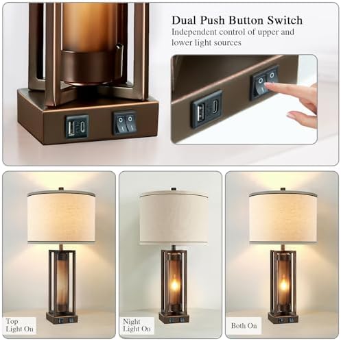 Rustic Farmhouse Table Lamps for Living Room with USB C+A Ports