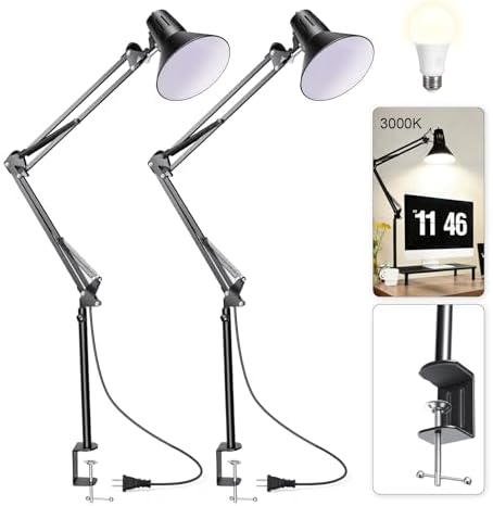 Black Desk Lamp with Clamp, Extra-Tall Adjustable Metal Swing Arm, 2 Pack