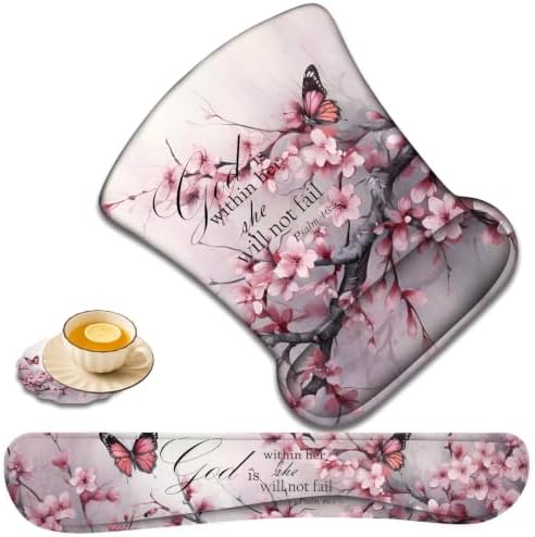 Ergonomic Keyboard Wrist Rest & Mouse Wrist Support Set with Lace Coaster, Gel Memory Foam Anti-Slip Base, Pain Relief for Typing, Cherry Blossom Butterflies