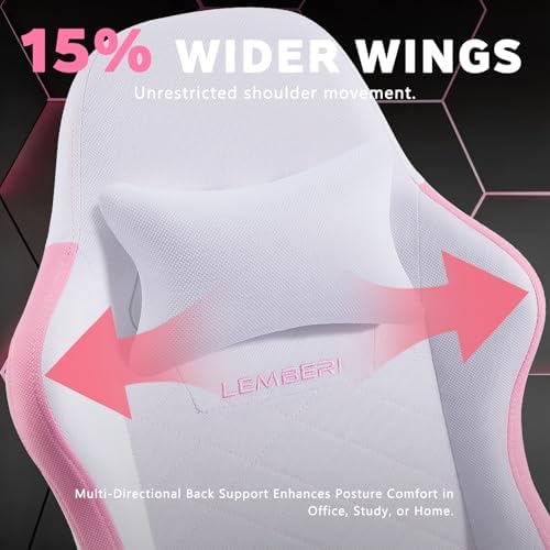 LEMBERI Gaming Chair, Fabric Big and Tall Video Game Chairs with Footrest, Massage Lumbar Support, Racing Style Ergonomic Computer Gamer Chair with Adjustable Headrest (Pink)