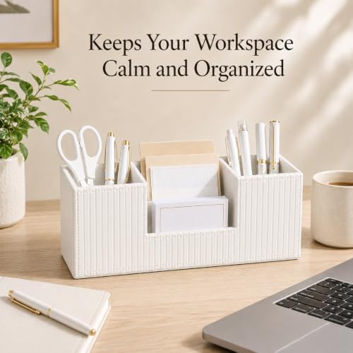 GORESE Pen Organizer for Desk, PU Leather Office Pen Holder, Ivory White