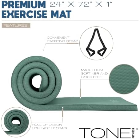 Tone Fitness 1" Extra Thick Yoga Mat, Exercise & Pilates Mat with Strap