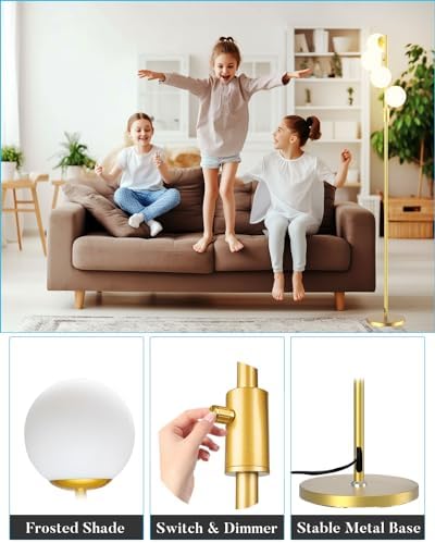 Mid Century Modern 4 Globe Gold Floor Lamp, Dimmable Standing Lamp with 3000K Warm White Bulbs Included, Tall Ambient Floor Lamp for Living Room Bedroom Home Office Sofa Beside Corner Decor