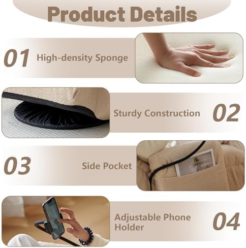 360° Swivel Gaming Floor Chair, 5 Position Adjustable Folding Sofa Chair with Armrests & Phone Holder, Cushion Padded Indoor Chaise Lounge for Adults, Home Office Floor Leisure Chairs, Beige