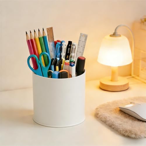 Yieach 360 Rotating Acrylic White Pen Holders and Pencil Cups for Desk,Small Cute Desk Organizers Accessories and Makeup Brush Holder,Spinning Pencil Caddy School Supplies Organizer for Teacher,1PCS
