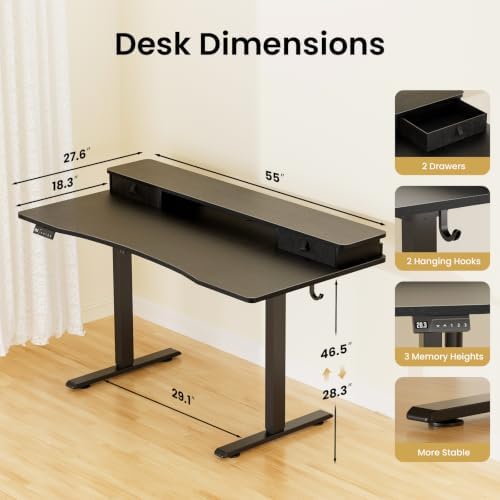 55 x 27.6 Electric Standing Desk with Drawers, Black