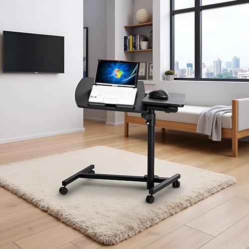 TV Tray Bed Side Table, Portable Rolling Desk Hospital Bed Laptop Table, Small Standing Desk with Wheels Adjustable Height for Sofa, Bedside, Tablet Use, Secure Non Tilt, 23.2" W, Black