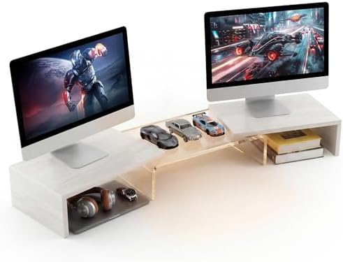 Dual Monitor Riser, Acrylic Monitor Riser, Adjustable Angle & Length Computer Monitor Stand, Wide Desk Shelf for Top of Desk for Home Office_White Maple Look Small