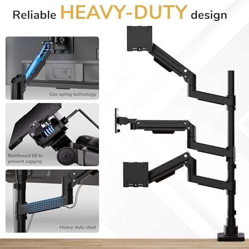 Mount-It! Heavy-Duty 2+1 Triple Monitor Mount, Stacked Ultrawide Desk Monitor Arm for One 49” Screen + Two 35” Monitors, 44 lb Gas Spring Arms, Clamp & Grommet Mount