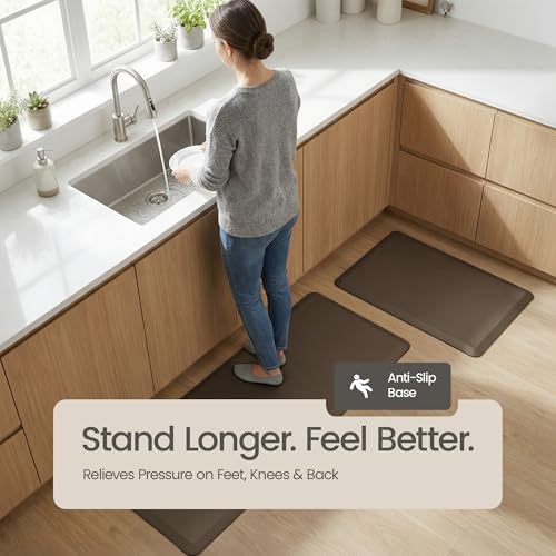Anti Fatigue Kitchen Mats for Floor | Padded Kitchen Rugs | Non Slip, Cushioned Standing Desk Mat | Waterproof Floor Mat | 17.3" x 28" x 0.47" & 17.3" x 59" x 0.47", Brown, 2-Pack | More Décor
