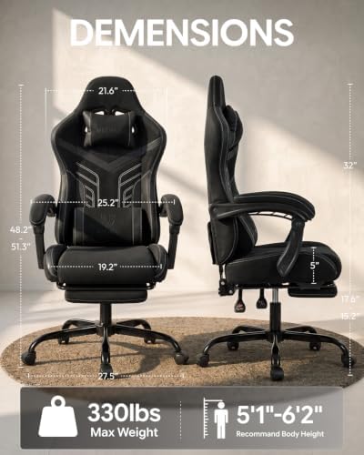 Ergonomic Gaming Chair with Footrest for Adults, Leather Mesh Black