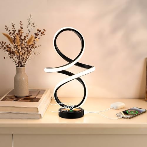 Modern Small Table Lamp with LED Spiral Design, 12W Black Nightstand Lamp