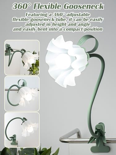 Clip on Light Flower Desk Lamp, LED Reading Light 3 Color Modes Eye-Caring Book Light Flexible Gooseneck Bedside Clip on Lamp for Desk Piano Office Bed Headboard Dorm (Green Lamp)