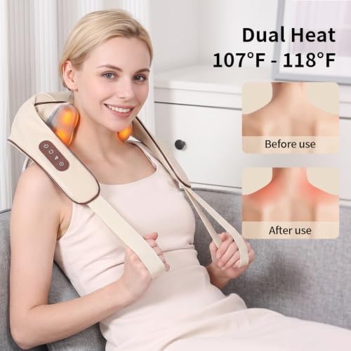 Wireless 4D Deep Kneading Neck Massager Pillow, Ergonomic Shiatsu Shoulder Back Massager with Warm Function, Portable Electric Massage Device for Daily Relaxation, Holiday Gifts for Adults