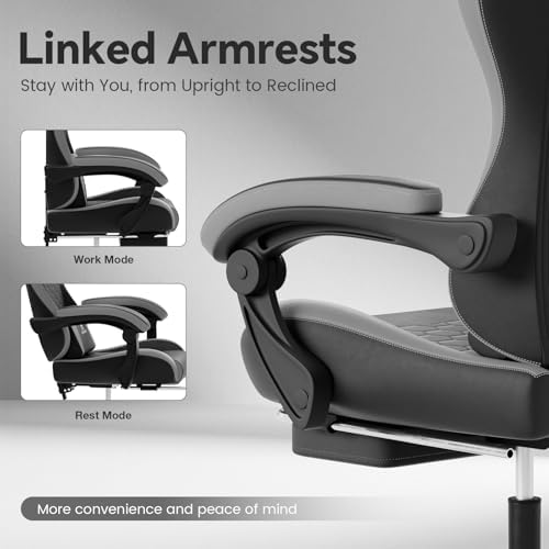 Gaming Chair, Computer Office Chair with Footrest, Adjustable Height & Backrest Gaming Chairs with Swivel for Adults, High Back PU Leather Ergonomic Chair with Lumbar Support, BlackGrey