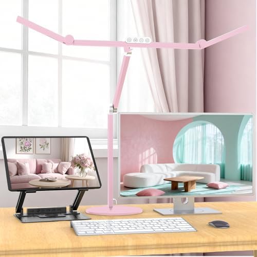 Micomlan Led Desk Lamp with Base, Adjustable Tall Architect Desk Light for Home Office with Flexible Swing Arm, 24W Pink Bright Table Lamp Auto Dimming Computer Light for Workbench