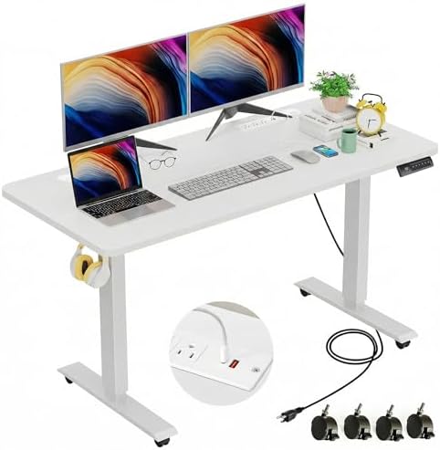farexon 48 x 24 inch Standing Desk Electric Adjustable Height with Power Outlets, Stand up Desk with Wheels, Preset Heights Home Office Gaming Computer Workstations Table(White)