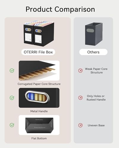 Oterri Portable Collapsible Cardboard File Box with Handle for Letter-Size