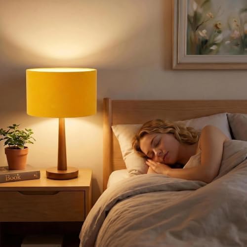 18.5" Modern Dimmable Walnut Wood Table Lamp with Velvet Shade, Orange