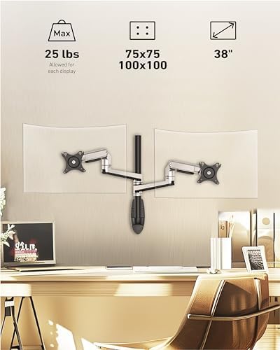Ergounion Dual Monitor Wall Mount for Flat or Curved Screens up to 38" Within 25 lbs, Adjustable Monitor Arm with Cable Management, VESA 75x75/100x100mm Monitor Mount for 2 Monitors, Silver