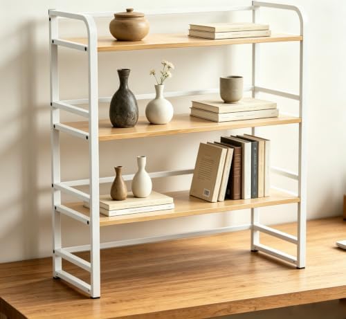 Office Desk Shelf Organizer, Wood Desktop Bookshelf Supplies Storage Rack, Shelf for Top of Desk and Dresser and Cubicle Decor Aesthetic Bookshelf (White Wood, Three Tier, 11.81Lx7.87Wx22.05H)