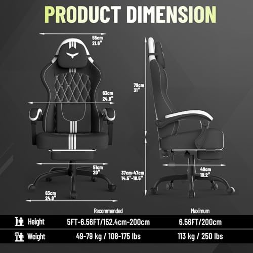 Ferghana Cotton Fabric Gaming Chair – Wider Seat Cushion, Diamond Double-Stitching, Ergonomic High Back with Footrest, Computer Gamer Chair Featuring Massage Lumbar Support for Adults (Black/White)
