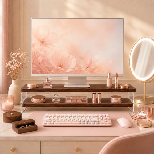 2-Tier Monitor Stand Riser, Keyboard Storage, Wood-Look, Acrylic Sides