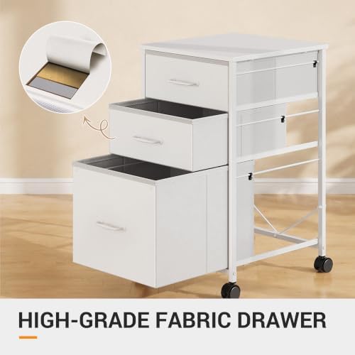 DEVAISE Mobile File Cabinet, Rolling Printer Stand with 3 Drawers, Fabric Vertical Filing Cabinet fits A4 or Letter Size for Home Office, White
