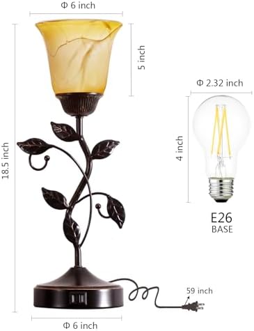 Set of 2 Touch Vintage Bedroom Leaf Table Lamps with 2 USB Ports