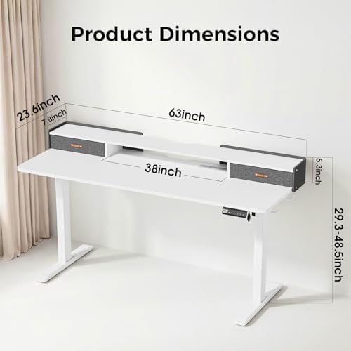 Electric Standing Desk with Drawers, 63 Inch Height Adjustable Desk with Power Outlets & LED Lights, Sit Stand Table with Monitor Stand for Home, Office, White