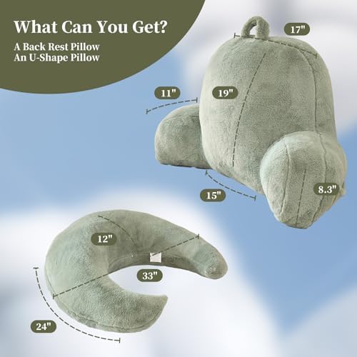 17" Reading Pillow for Bed,U Shaped Arm & Elbow Support,Green Faux Fur