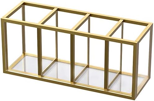 NIUBEE Gold Acrylic Pen Holder 4 Compartments, Desk Office Pencil Cup Desk