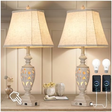 29.5"H Touch Control Traditional Table Lamp Set of 2,Vintage Bedside Lamp Nightstand Lamps with Dual USB Ports,3-Way Dimmable Hollow Out Leafwork White Washed Finish Desk Lamps for Living Room,Bedroom