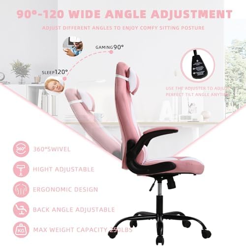 Big Tall Gaming Chair,Ergonomic Comfortable Computer Office Desk Chair with Headrest Lumbar Support,Height Adjustable Tiltable,Wide Swivel Wheel for Kid Adults Home Office Gaming,Pink